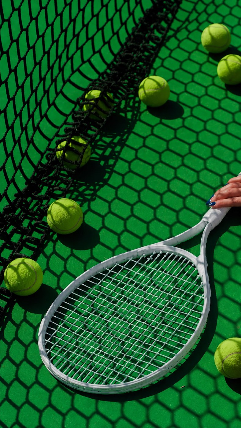 A tennis racket and balls lying on a green court in the shadow of the net